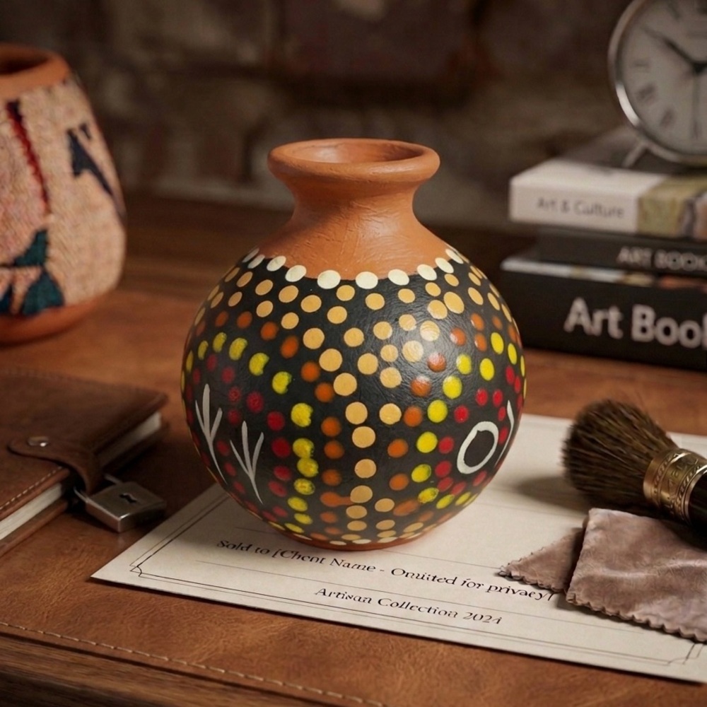 Aboriginal Dot Art Terracotta Pot Made In Australia- Authentic Aborig. Art 2.5”